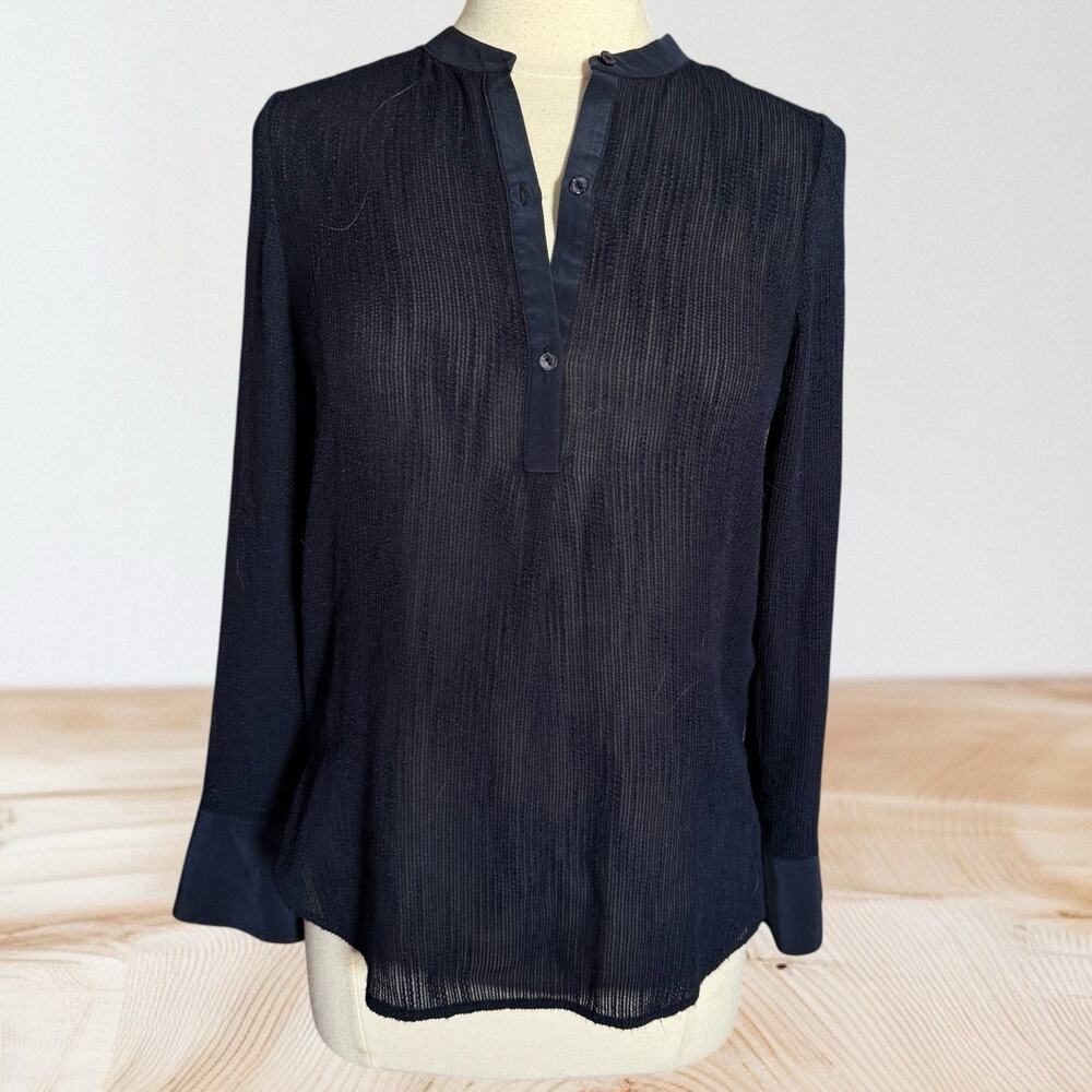 Vince Black Crepe Silk Blend Shirt Top Blouse Sz 8 Womens 18"Bust Semi Sheer